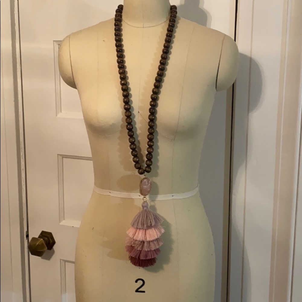Wooden bead long necklace with tassle